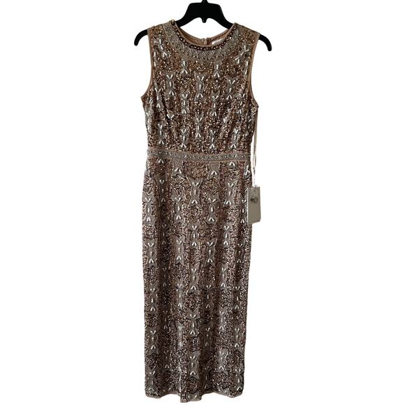 Mac Duggal Cocktail Dress Heavily Beaded brown midi dress size 6 C6 - Picture 5 of 11